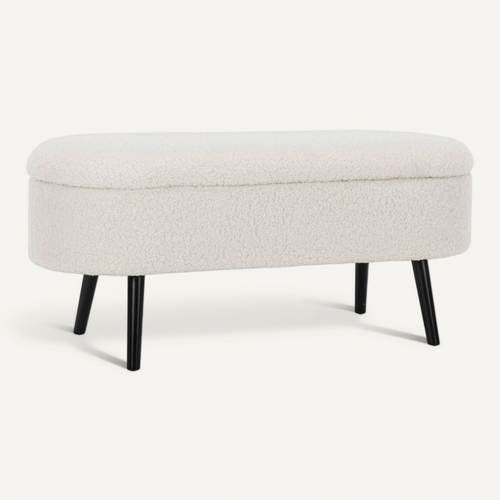 Banc Coffre. Bout De Lit Avec Revêtement Bouclette. écru. Pieds En Bois Noir. L 112 X 44 X 50cm