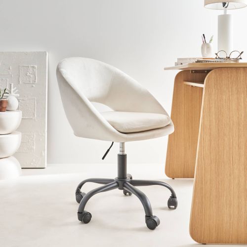 Chaise De Bureau Ronde à Roulettes En Velours Blanc Cassé. Pam. L 59 X P 60 X H 79 / 89cm