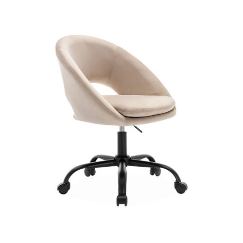 Chaise De Bureau Ronde à Roulettes En Velours Blanc Cassé. Pam. L 59 X P 60 X H 79 / 89cm