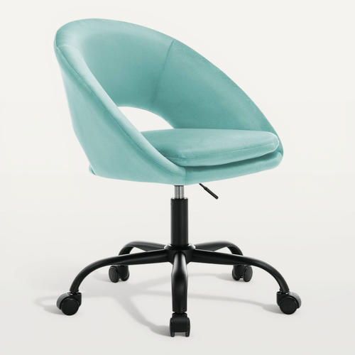 Chaise De Bureau Ronde à Roulettes En Velours Cyan. Pam. L 59 X P 60 X H 79 / 89cm.