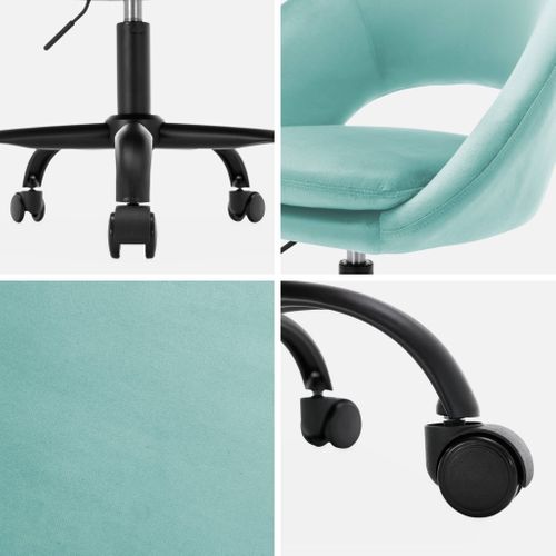 Chaise De Bureau Ronde à Roulettes En Velours Cyan. Pam. L 59 X P 60 X H 79 / 89cm.