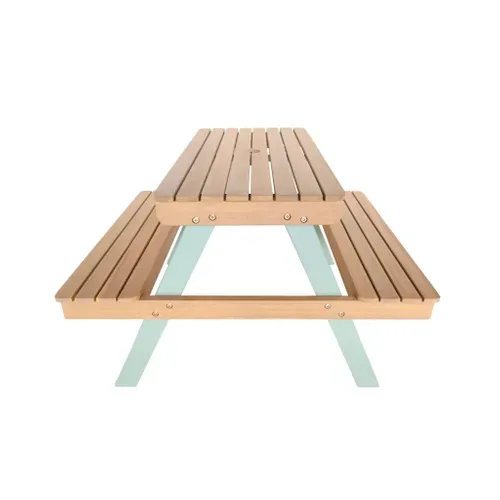 Table De Pique-nique. Salon De Jardin Enfant Bois D'acacia + 2 Places Couleur Teck Clair Et Vert De