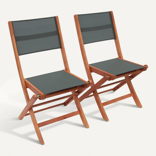 Chaises De Jardin En Bois Et Textilène - Almeria Kaki- 2 Chaises Pliantes En Bois D'eucalyptus