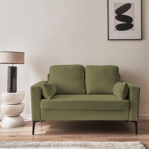 Canapé En Velours Côtelé Kaki Foncé - Bjorn - Canapé 2 Places Fixe Droit Pieds Métal