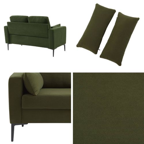 Canapé En Velours Côtelé Kaki Foncé - Bjorn - Canapé 2 Places Fixe Droit Pieds Métal