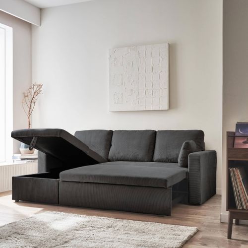 Canapé D'angle Convertible En Velours Côtelé Gris Foncé  - Ida - 3 Places. Fauteuil D'angle