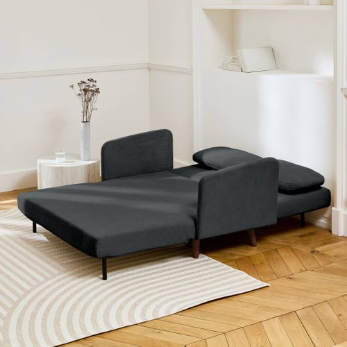 Canapé Convertible 2 Places Scandinave Velours Côtelé Gris Foncé - Panam - Pieds Bois. Banquette.