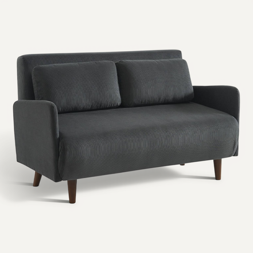 Canapé Convertible 2 Places Scandinave Velours Côtelé Gris Foncé - Panam - Pieds Bois. Banquette.