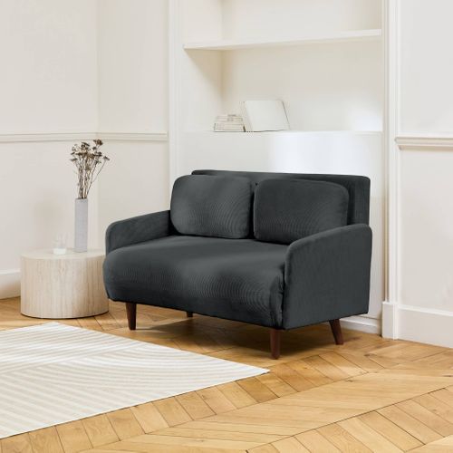 Canapé Convertible 2 Places Scandinave Velours Côtelé Gris Foncé - Panam - Pieds Bois. Banquette.
