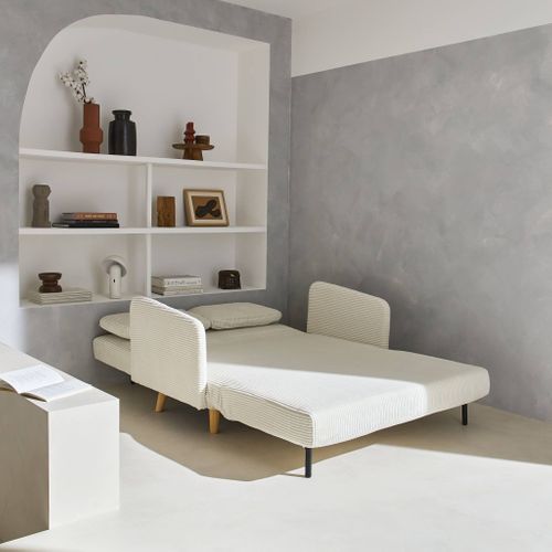 Canapé Convertible En Velours Côtelé - Panam - 2 Places Scandinave. Pieds Bois. Blanc. Banquette.