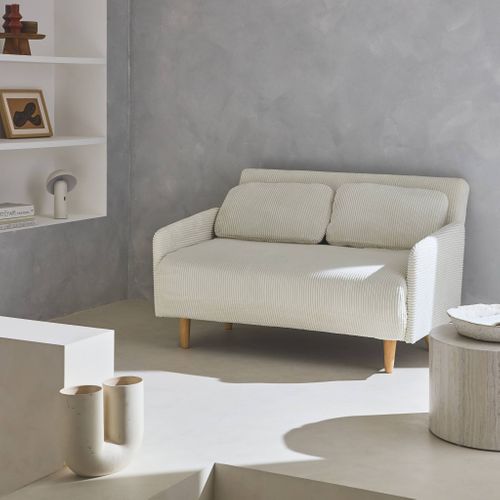 Canapé Convertible En Velours Côtelé - Panam - 2 Places Scandinave. Pieds Bois. Blanc. Banquette.