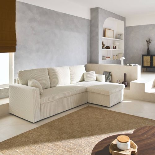 Canapé D'angle Convertible Et Réversible. Velours Côtelé Grosse Côte Blanc Crème. 3 Places