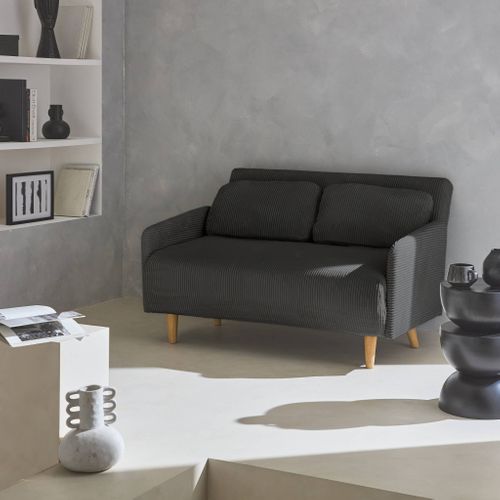 Canapé Convertible En Velours Côtelé - Panam - 2 Places Scandinave. Pieds Bois Foncé. Gris Foncé.