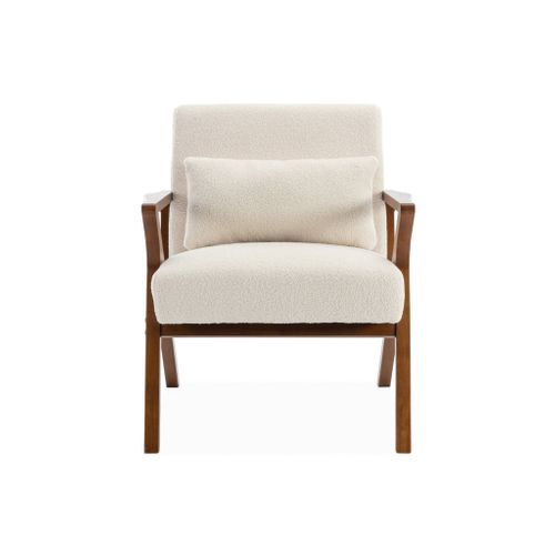 Fauteuil Scandinave Bois D'hévéa Finition Teinté Noyer Clair Et Bouclette Crème Antoine
