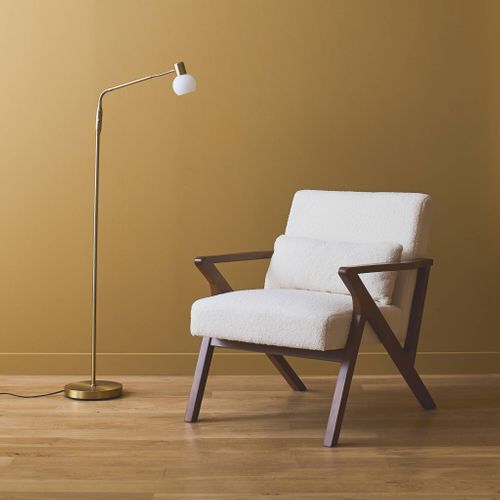 Fauteuil Scandinave Bois D'hévéa Finition Teinté Noyer Clair Et Bouclette Crème Antoine
