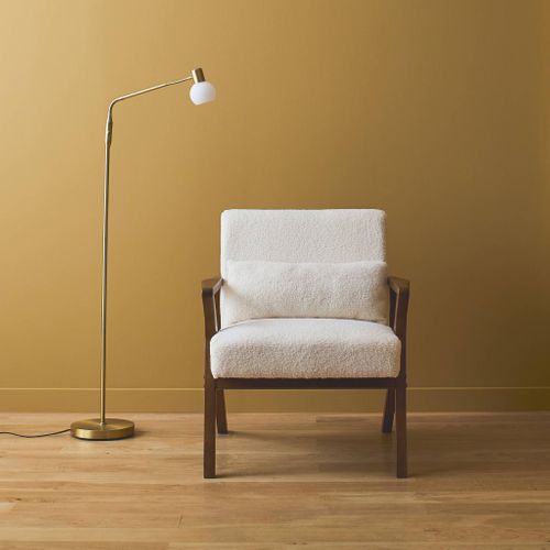 Fauteuil Scandinave Bois D'hévéa Finition Teinté Noyer Clair Et Bouclette Crème Antoine