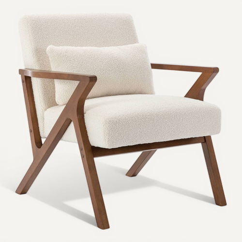 Fauteuil Scandinave Bois D'hévéa Finition Teinté Noyer Clair Et Bouclette Crème Antoine