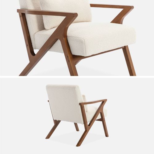Fauteuil Scandinave Bois D'hévéa Finition Teinté Noyer Clair Et Bouclette Crème Antoine