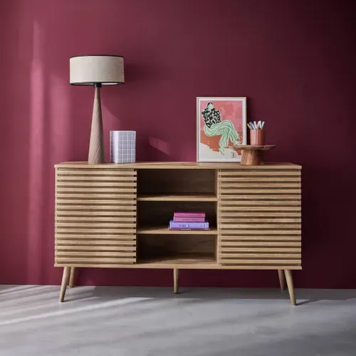 Buffet Scandinave Décor Bois Avec 2 Portes Coulissantes Rainurées Et 4 Étagères. Buffet Bas. L 140
