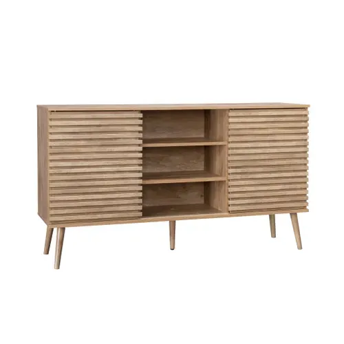 Buffet Scandinave Décor Bois Avec 2 Portes Coulissantes Rainurées Et 4 Étagères. Buffet Bas. L 140