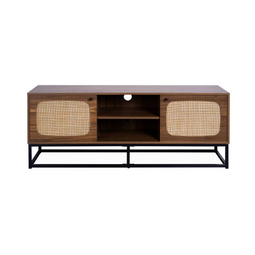 Meuble TV En Décor Bois Et Cannage Arrondi 140cm. Piètement Et Poignées En Métal Noir