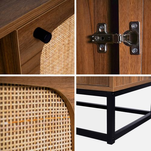 Meuble TV En Décor Bois Et Cannage Arrondi 140cm. Piètement Et Poignées En Métal Noir