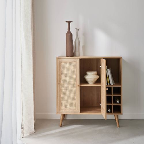 Buffet Range Bouteilles Portes En Cannage Et Décor Bois Avec Casiers. Buffet Haut. Vaisselier. 83cm