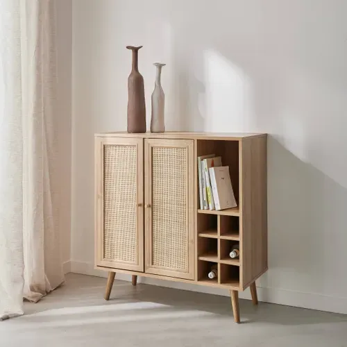 Buffet Range Bouteilles Portes En Cannage Et Décor Bois Avec Casiers. Buffet Haut. Vaisselier. 83cm