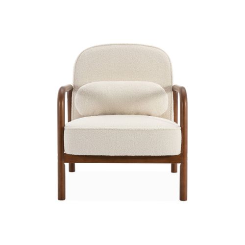 Fauteuil Scandinave Bois D'hévéa Finition Noyer Clair Et Dossier Arrondi En Bouclette Blanche