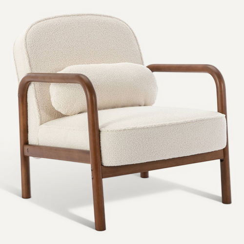 Fauteuil Scandinave Bois D'hévéa Finition Noyer Clair Et Dossier Arrondi En Bouclette Blanche