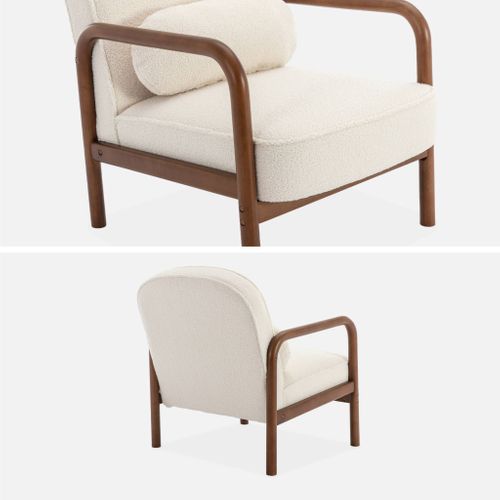 Fauteuil Scandinave Bois D'hévéa Finition Noyer Clair Et Dossier Arrondi En Bouclette Blanche