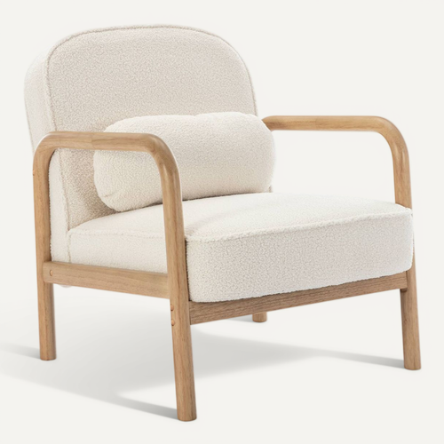 Fauteuil Scandinave Bois D'hévéa Et Dossier Arrondi En Bouclette Crème - Amelie