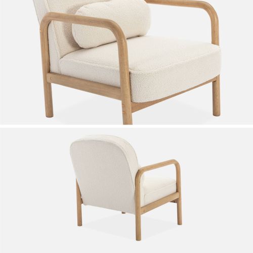 Fauteuil Scandinave Bois D'hévéa Et Dossier Arrondi En Bouclette Crème - Amelie