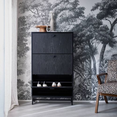 Meuble à Chaussures 3 Abattants Décor Bois Rainuré Noir Style Contemporain 18 Paires