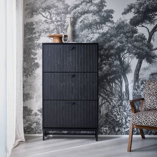 Meuble à Chaussures 3 Abattants Décor Bois Rainuré Noir Style Contemporain 18 Paires