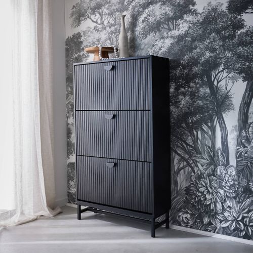 Meuble à Chaussures 3 Abattants Décor Bois Rainuré Noir Style Contemporain 18 Paires