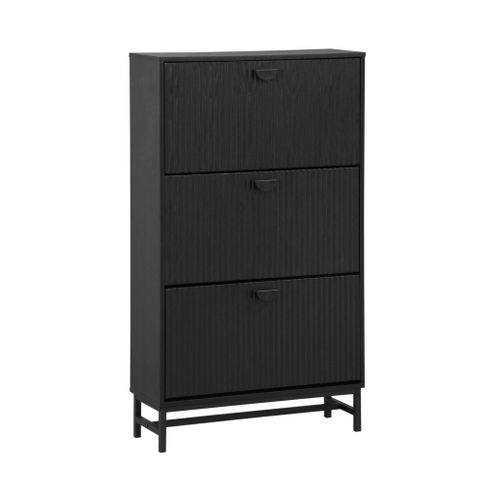 Meuble à Chaussures 3 Abattants Décor Bois Rainuré Noir Style Contemporain 18 Paires