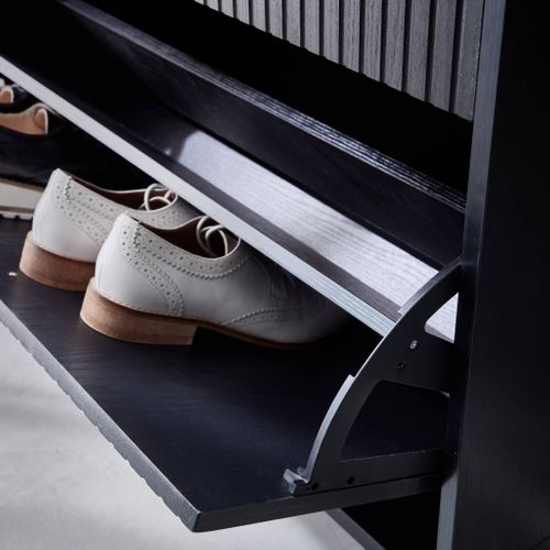 Meuble à Chaussures 3 Abattants Décor Bois Rainuré Noir Style Contemporain 18 Paires