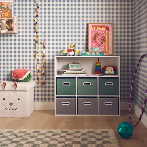 Meuble De Rangement Pour Enfant Avec 7 Compartiments Et 3 Paniers Verts Et 3 Paniers Gris Velours