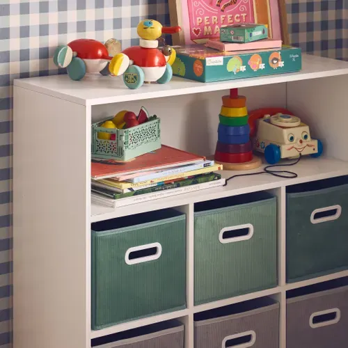 Meuble De Rangement Pour Enfant Avec 7 Compartiments Et 3 Paniers Verts Et 3 Paniers Gris Velours