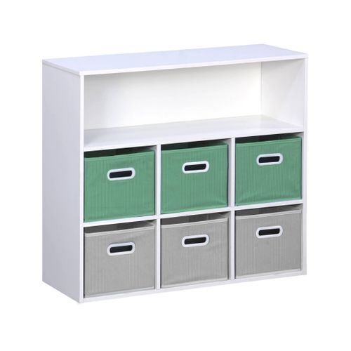 Meuble De Rangement Pour Enfant Avec 7 Compartiments Et 3 Paniers Verts Et 3 Paniers Gris Velours