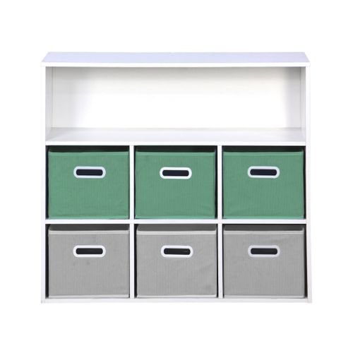 Meuble De Rangement Pour Enfant Avec 7 Compartiments Et 3 Paniers Verts Et 3 Paniers Gris Velours