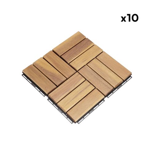Lot De 10 Dalles De Terrasses 30x30cm En Bois D'acacia. Motif Carré. Clipsables