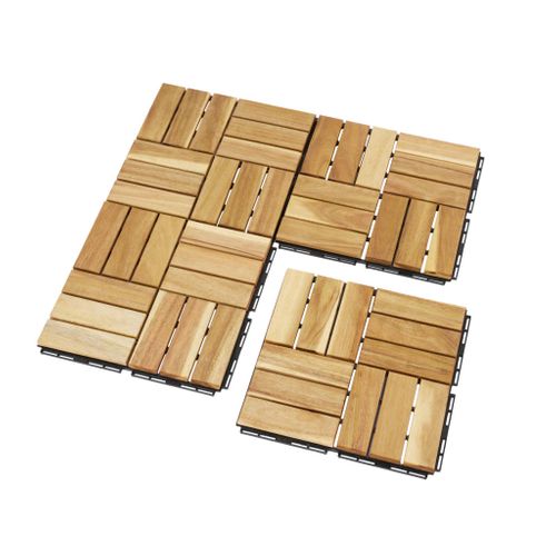 Lot De 10 Dalles De Terrasses 30x30cm En Bois D'acacia. Motif Carré. Clipsables