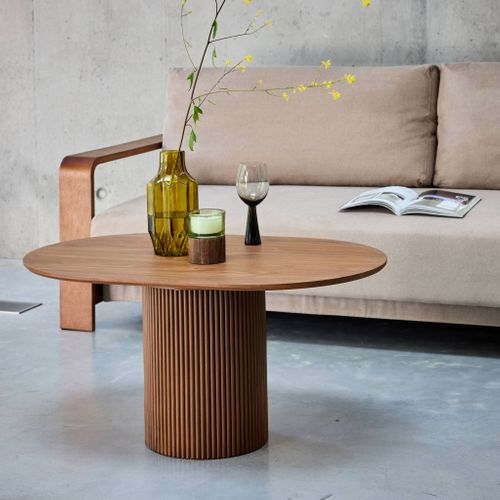 Table Basse Oblongue Décor Bois Sculpté 90cm. Couleur Noyer