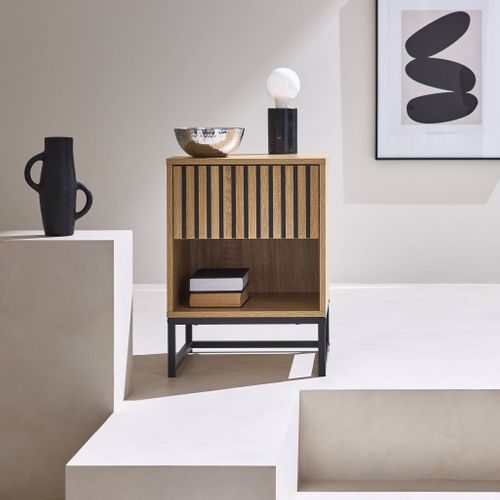 Table De Chevet Style Contemporain Avec 1 Tiroir Effet Bois Rainuré (système D'ouverture Par