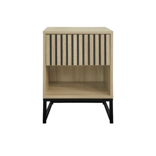 Table De Chevet Style Contemporain Avec 1 Tiroir Effet Bois Rainuré (système D'ouverture Par