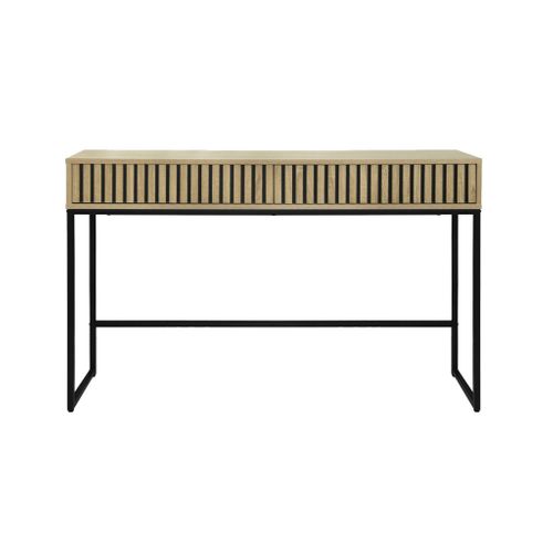 Console Contemporaine Avec 2 Tiroirs En Décor Bois Rainuré. Structure Et Piètement En Métal Noir