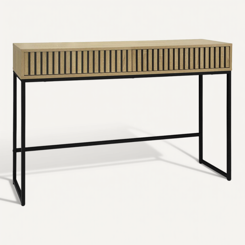 Console Contemporaine Avec 2 Tiroirs En Décor Bois Rainuré. Structure Et Piètement En Métal Noir