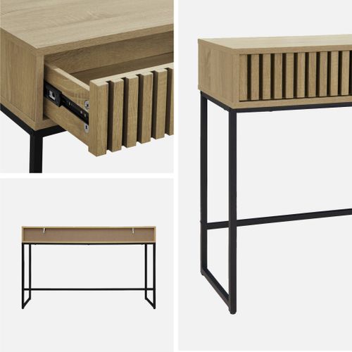 Console Contemporaine Avec 2 Tiroirs En Décor Bois Rainuré. Structure Et Piètement En Métal Noir